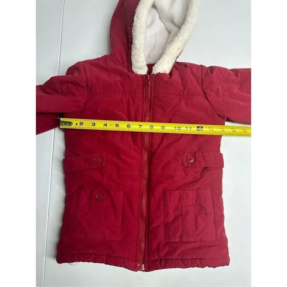 Janie & Jack Faux Fur Trim Fleece Lined Girls Red Cotton Blend Coat Size 4-5T
